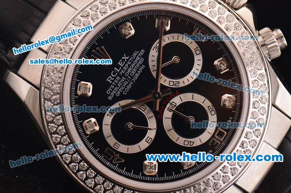 Rolex Daytona Swiss Valjoux 7750-SHG Automatic Diamond Bezel with Black Dial and Diamond Markers - Click Image to Close